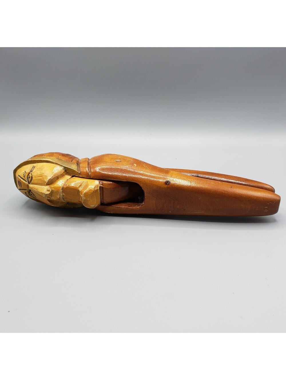 Vintage Hand Carved Wood Nut Cracker Long Face Man with Hat 11" Wooden Large